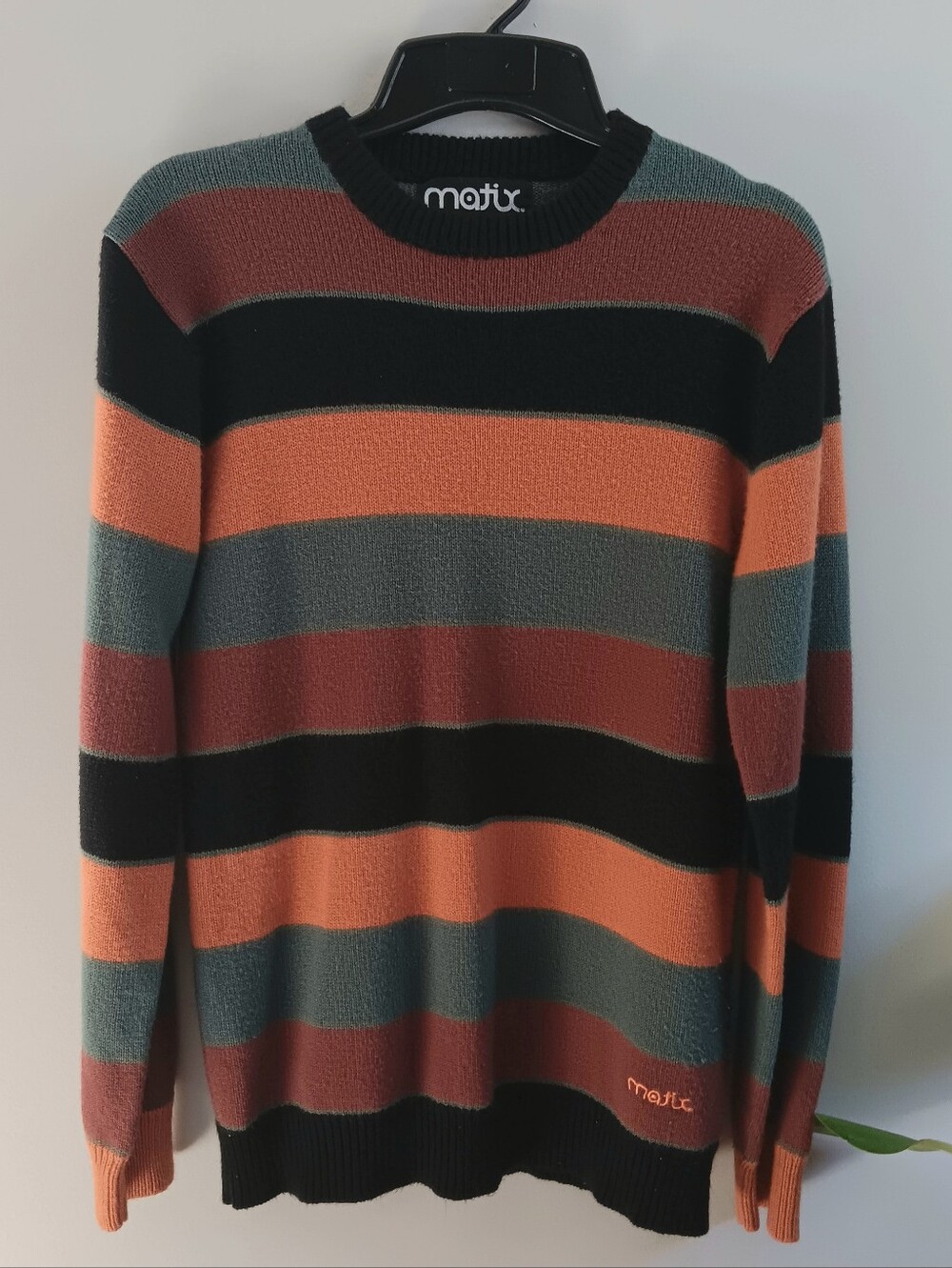 Matix Striped Crewneck Sweater in Black, Orange, Green, Rust